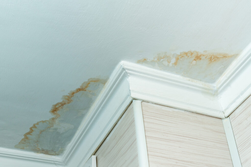Water leak & water-damaged ceiling - close-up of a stain on the ceiling