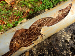 Broken pipe with tree roots spilling out